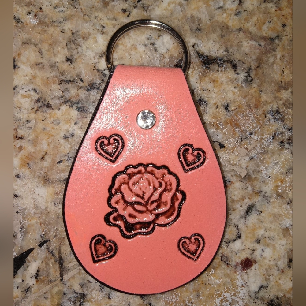 Pink Leather Handcrafted Rose Keychain